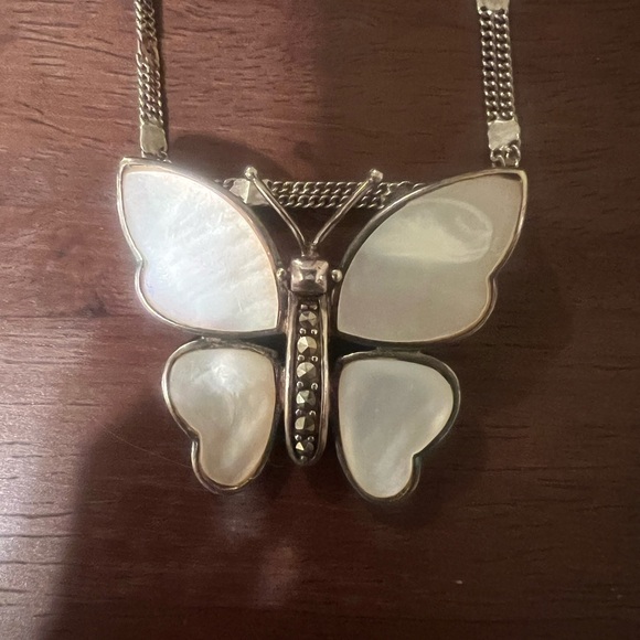 Estate piece Silver and White Butterfly Pendant Necklace with mother of pearl by - Picture 2 of 5